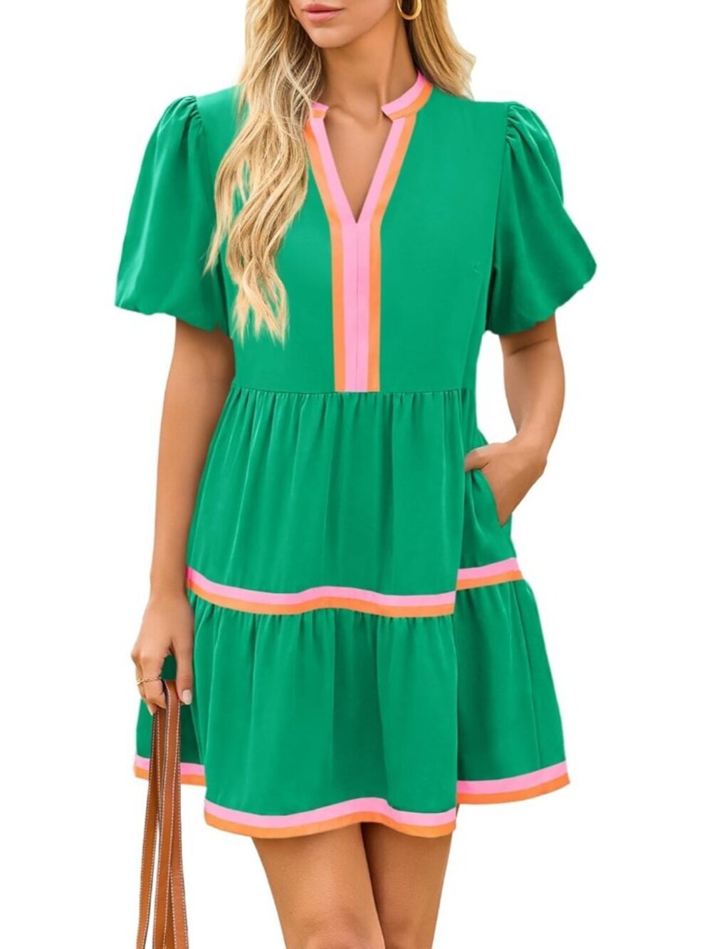 Women's Cute Green Short Puff Sleeve V Neck Floral Casual Imported Mini Dress